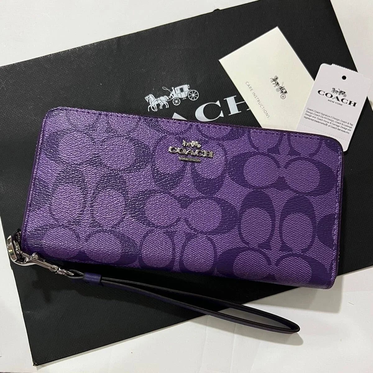 Coach Long Round Zip Wallet with Strap (Purple Signature) – C4452